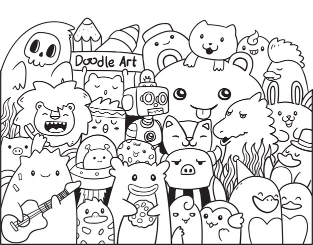 Premium Vector | Doodle art chibi monster and animals