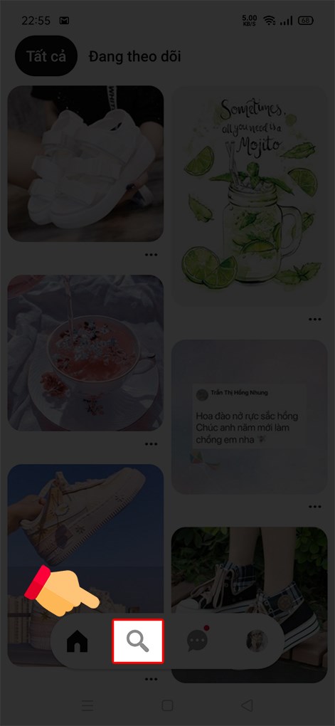 Bước 1: Mở ứng dụng Pinterest > Chọn biểu tượng Tìm kiếm phía dưới cùng màn hình ứng dụng.