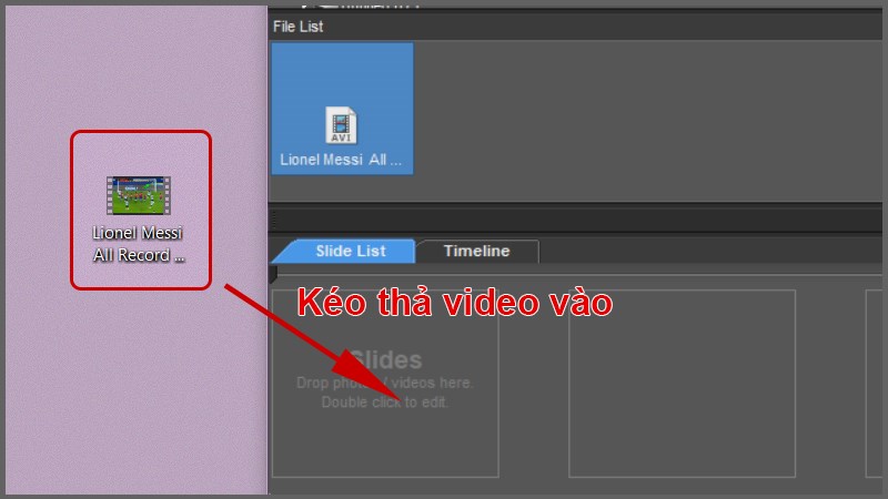 Kéo thả video bạn muốn tạo hiệu ứng chạy chữ vào khung làm việc của Proshow