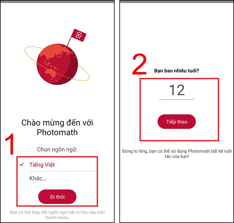 Chọn ngôn ngữ và nhập số tuổi