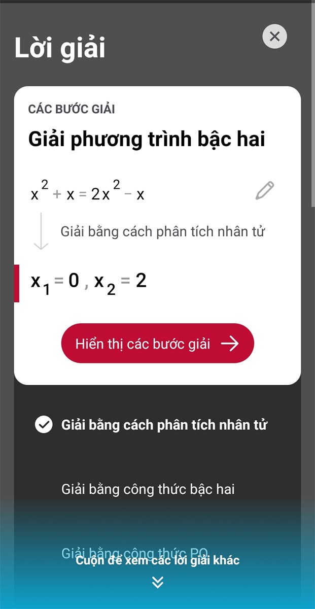 Đáp án hiển thị sau khi quét