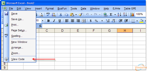 Sử dụng Quick access menu (trong Excel 2003) để nhập code áp dụng cho workbook