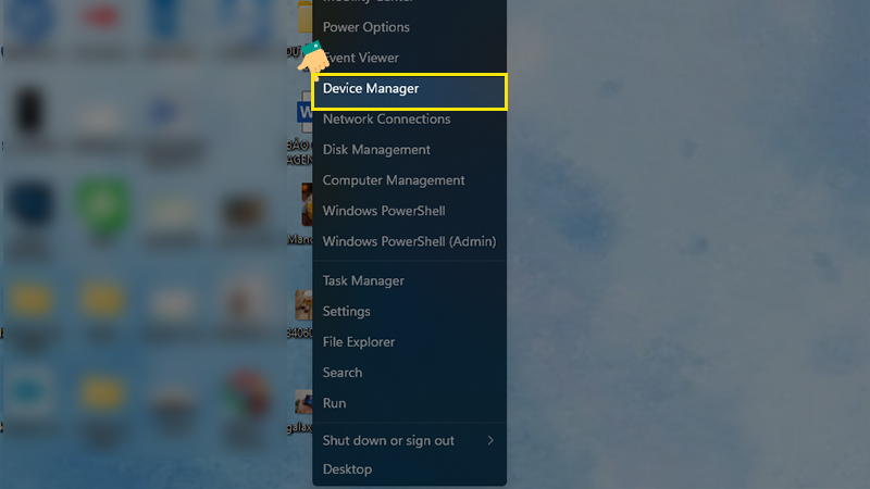 Click chuột phải vào biểu tượng Windows và chọn Device Manager
