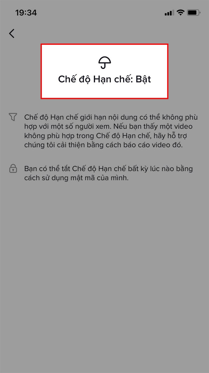 Kết quả sau khi bật chế độ hạn chế trên TikTok