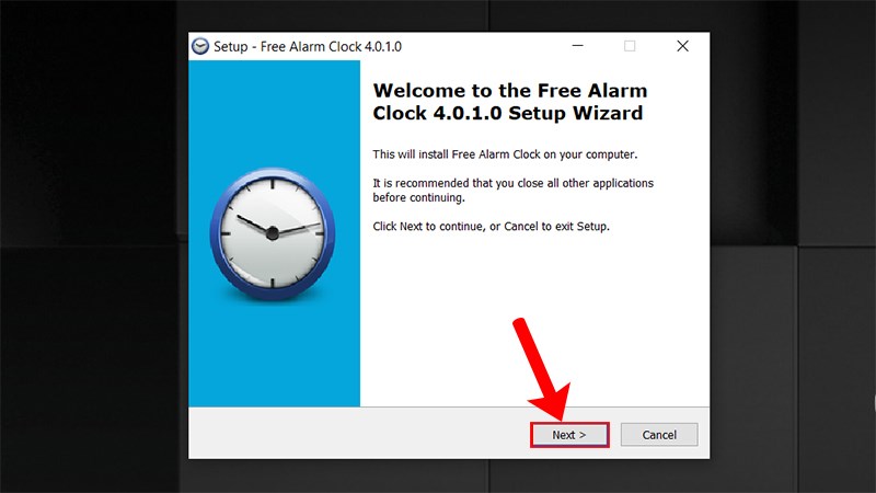 Nhấn Next để bắt đầu cài đặt Free Alarm Clock