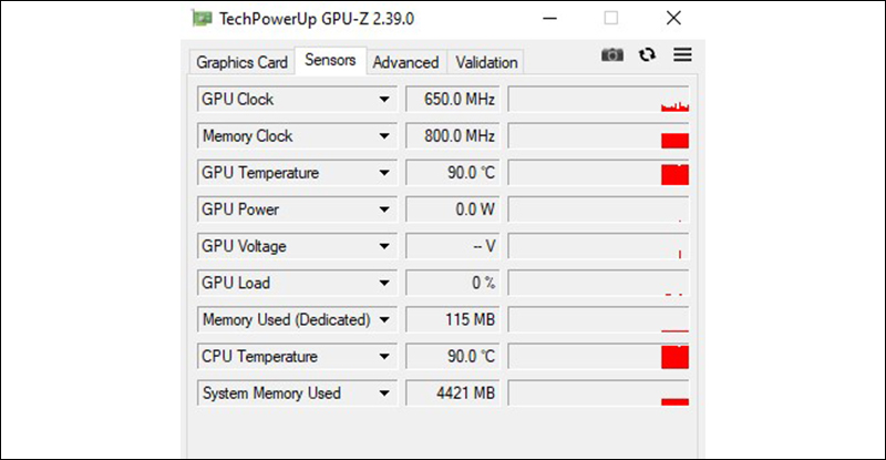 Nhịp xung đang hoạt động của GPU tại tab Sensors