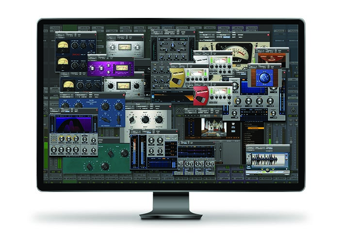 Ảnh ghép của hơn 20 giao diện plugin phần mềm âm nhạc phủ lên trên giao diện Công cụ Pro trong màn hình máy tính 